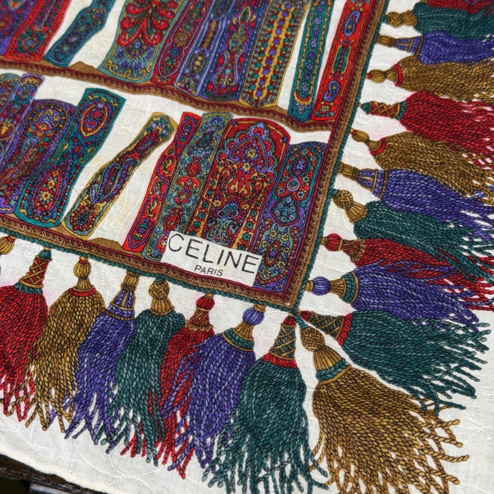 Vintage Celine Scarf 20x20 Multi Bookshelf Tassel Print Silk Cotton Handkerchief - Picture 2 of 6